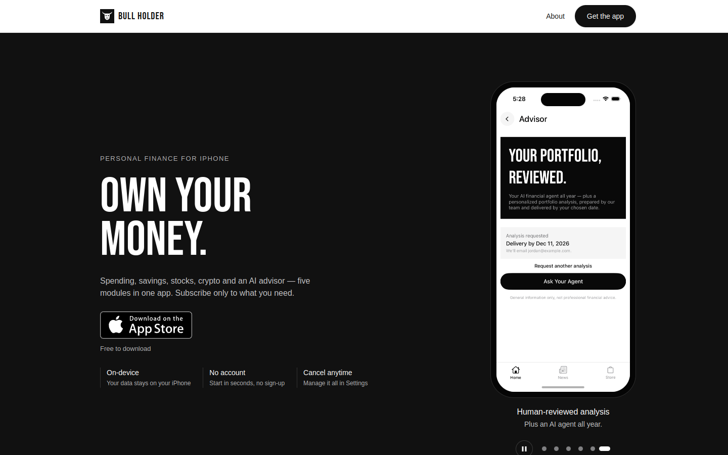 Bull Holder — site do app de finanças pessoais para iPhone.