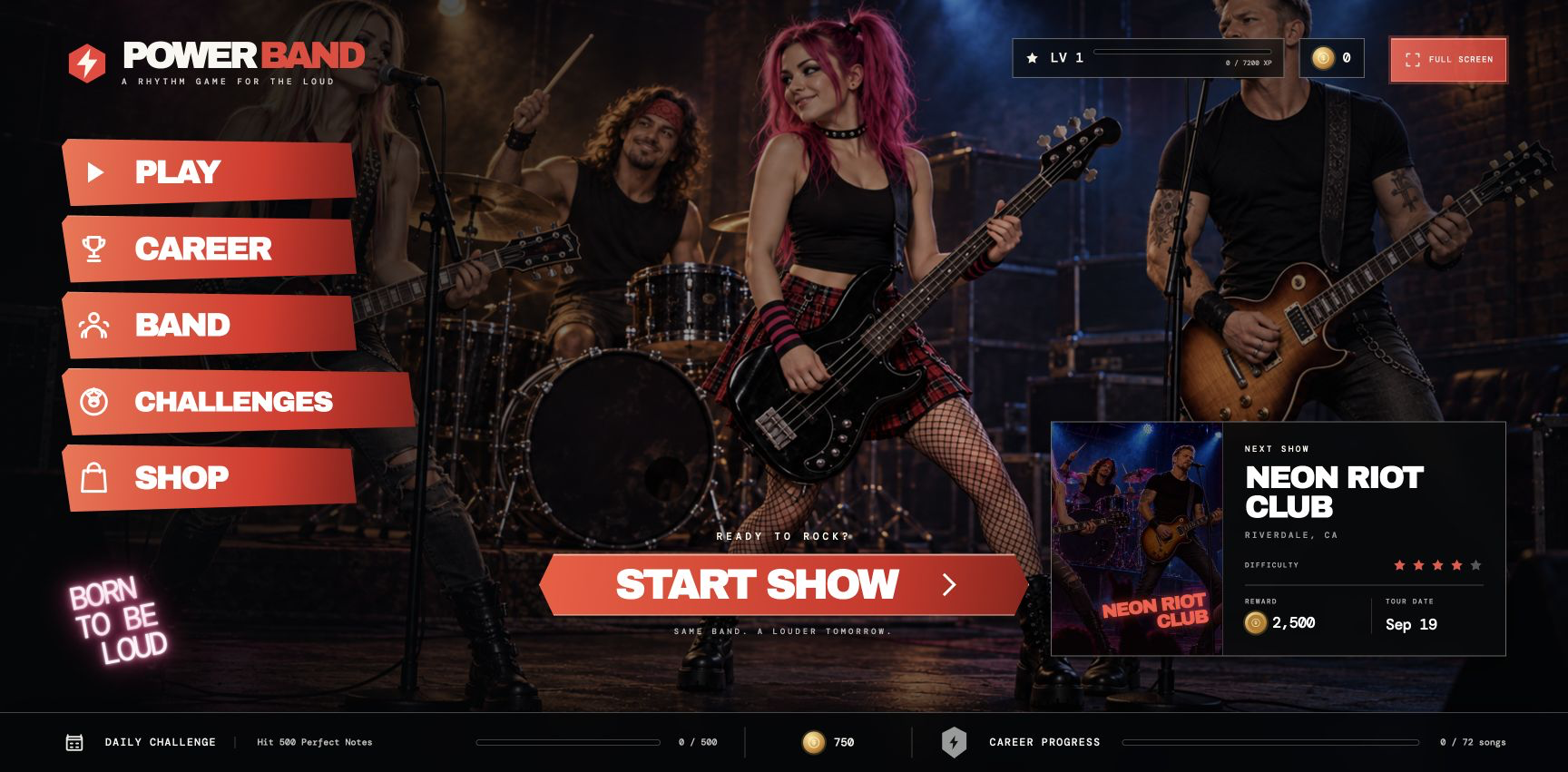 Power Band rhythm game with guitar gameplay.